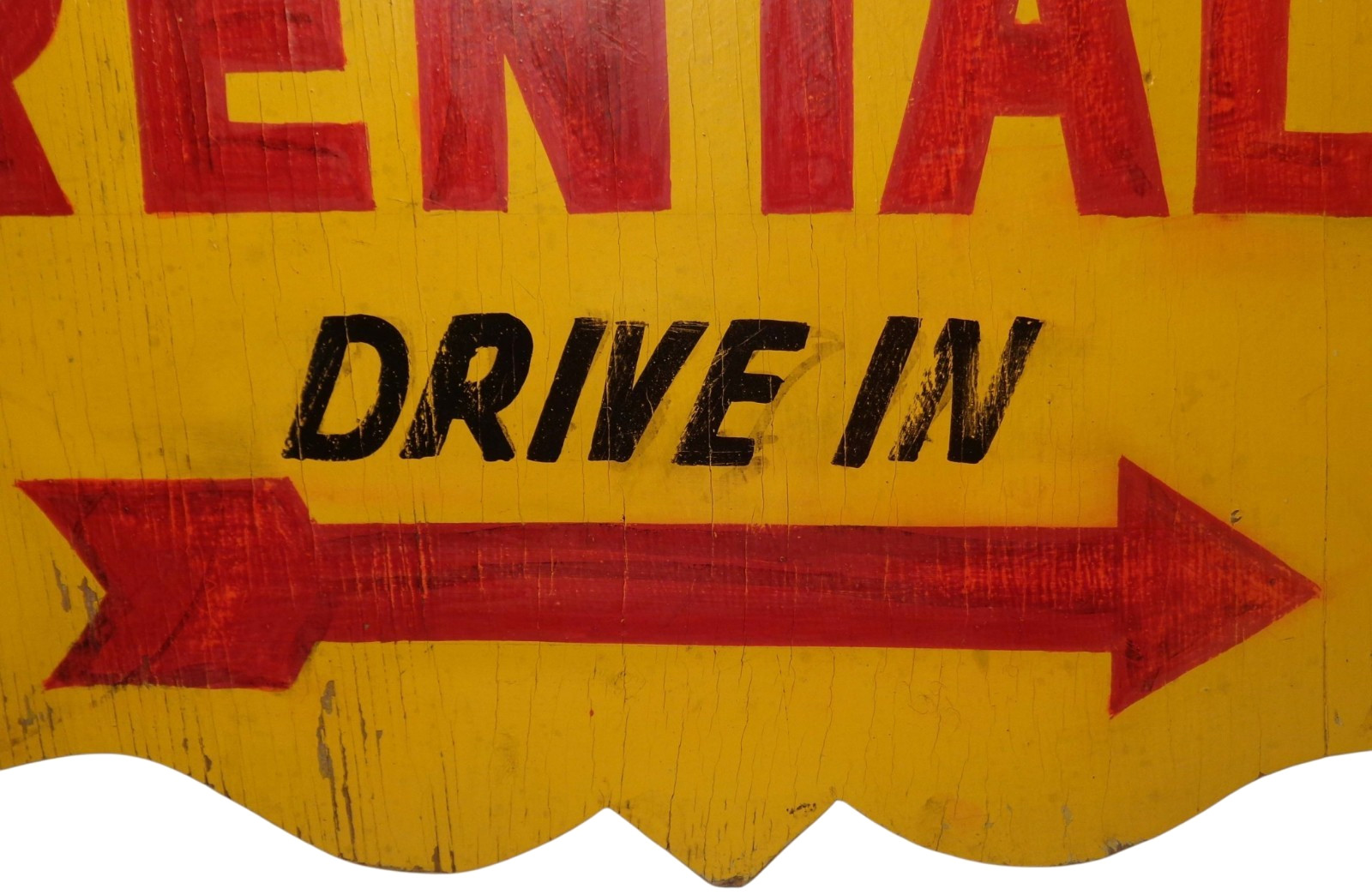WINTER RENTALS DRIVE IN EARLY-MID 20TH C VINT HAND PAINTED JIG-CUT EDGE WDN SIGN
