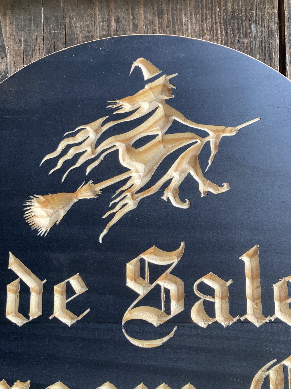 Halloween Salem Witch Broom Wooden Sign Carved Rustic Antique Look