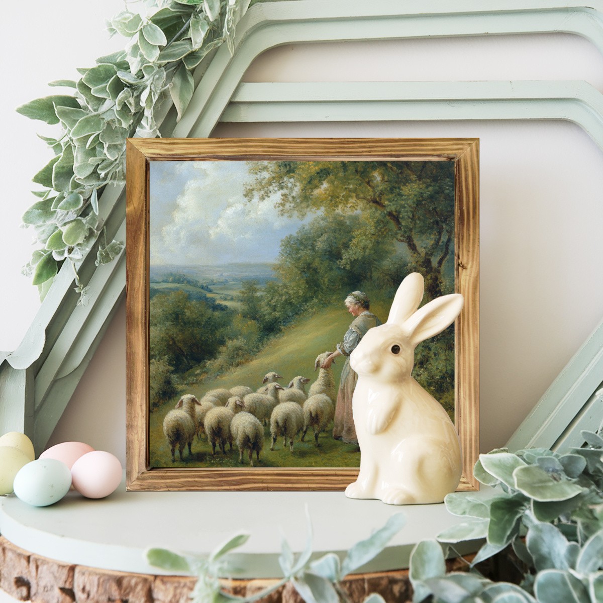 Rustic Sheep Herder Oil Painting Wooden Plaque Vintage Farmhouse Wall Art Decor