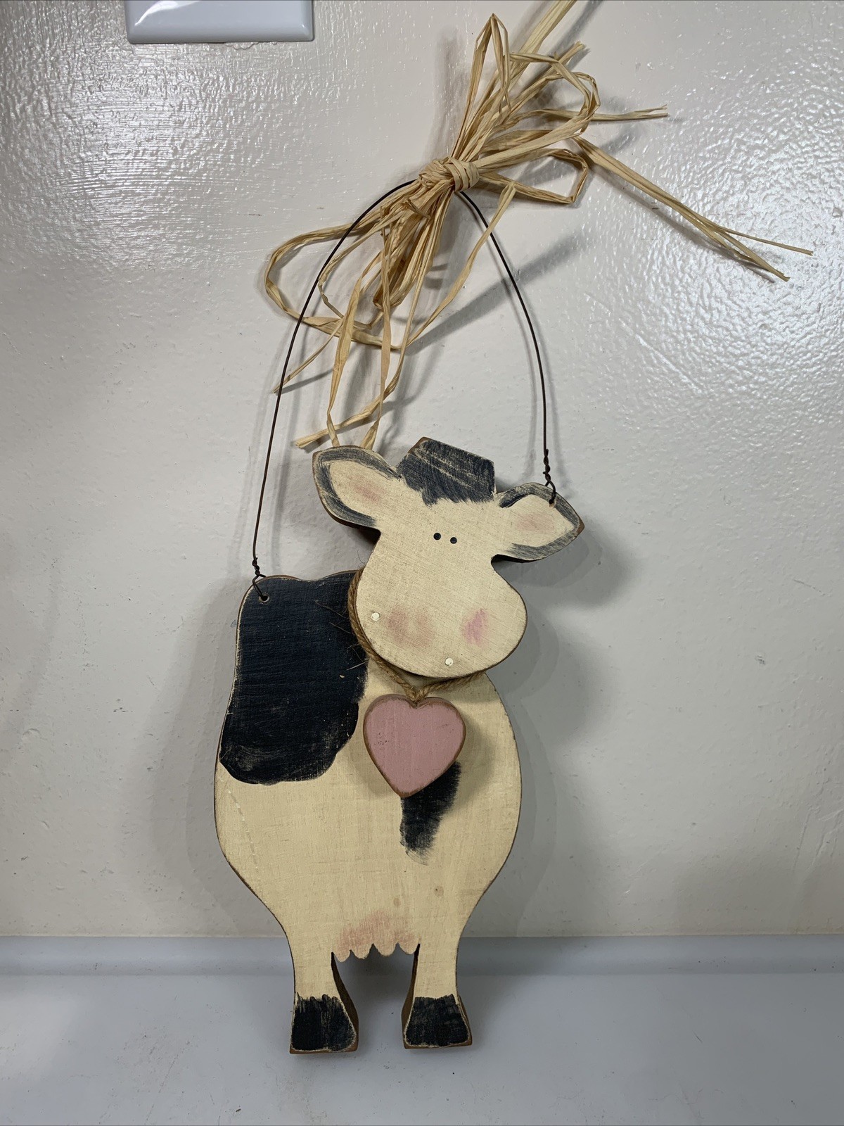 Vintage Black & White Cow Wall Hanging Hand Painted Wood Farmhouse Decor