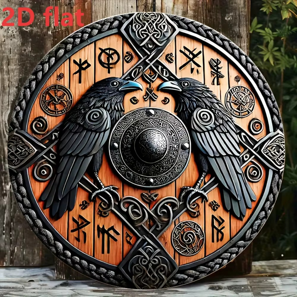 8in Viking Shield Metal Sign Norse Raven Wall Art Rune Decor Odin Huginn