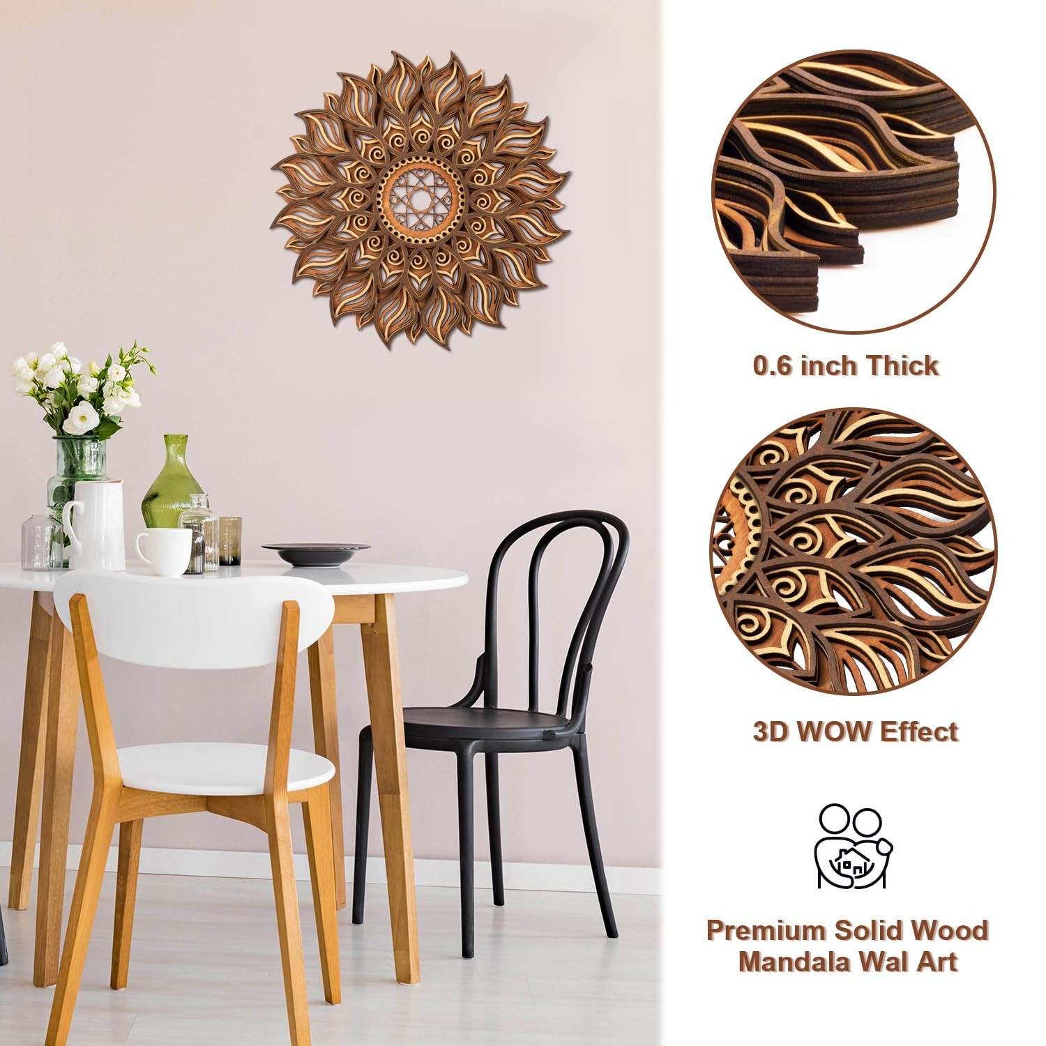 11.8 Inch Sun Wall Decor, Wooden Mandala Wall Art, Hollowed-out Sun Hanging S…