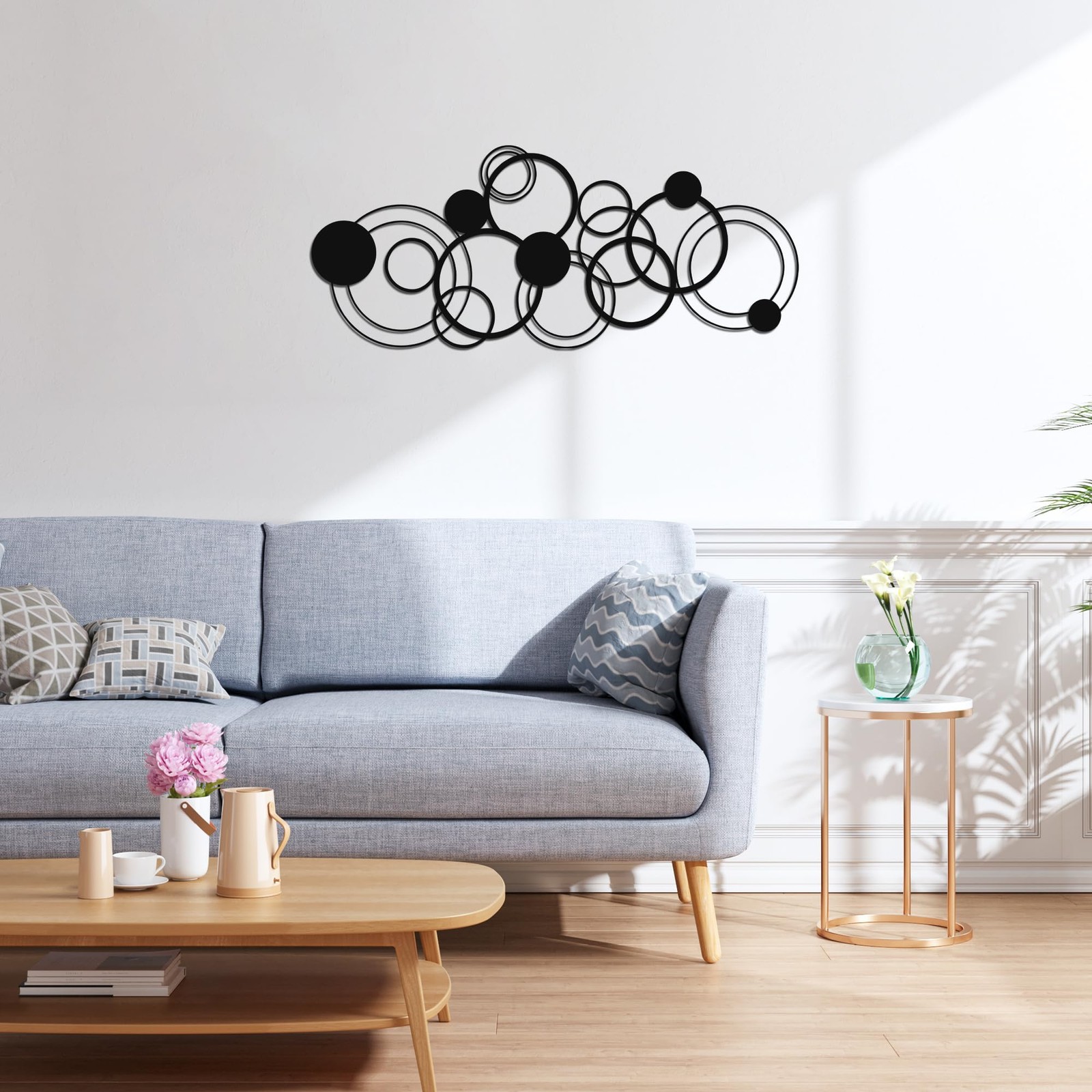 Black Minimalist Circle Metal Abstract Wall Decor Art Sculpture 25×10.4 In 2 PC