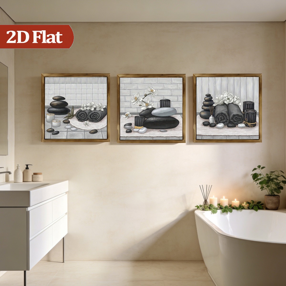 3Pcs Rustic Zen Stone Orchid Framed Wall Art Wooden Sign Spa Bathroom Decor Gift