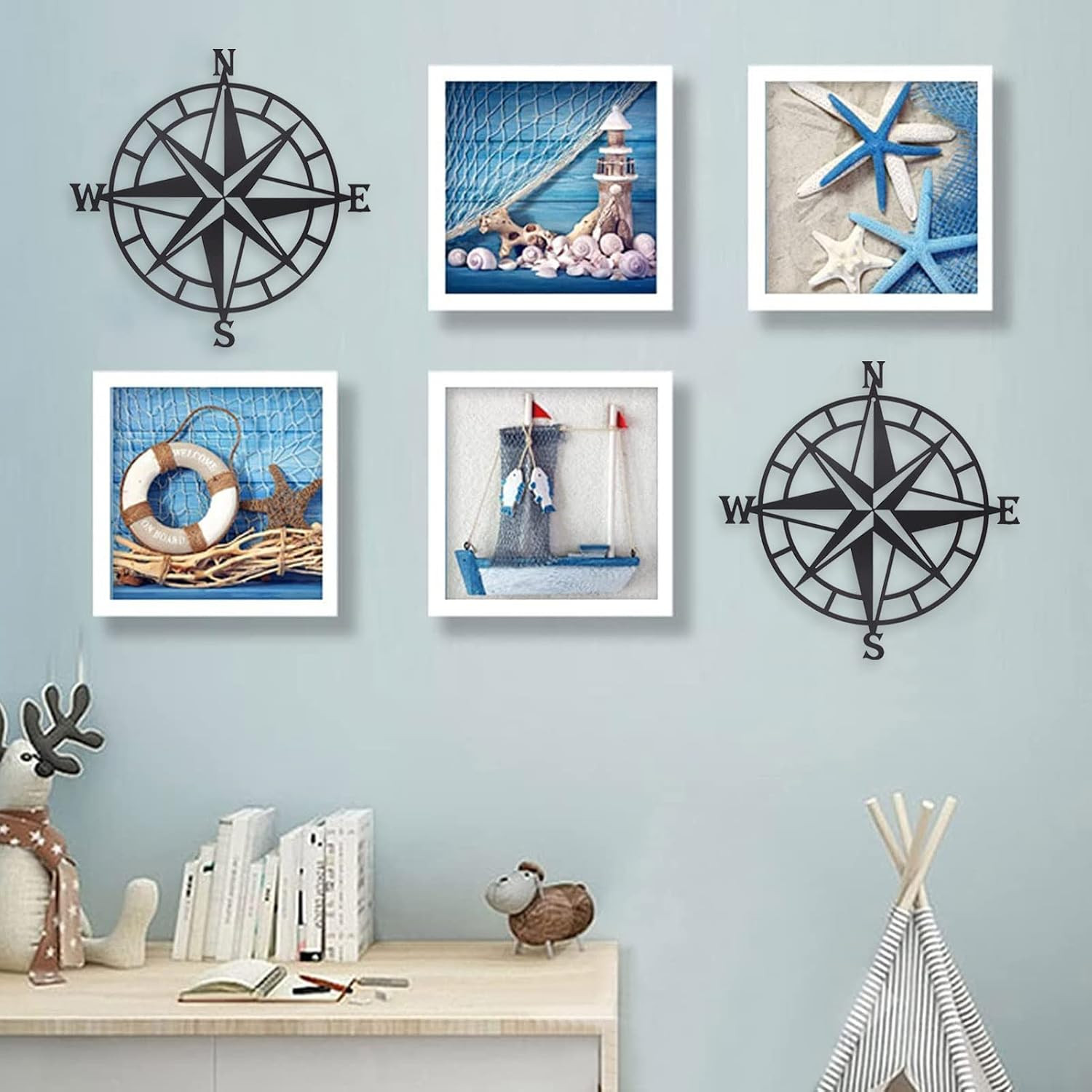 Black Metal Decorative Nautical Compass Wall Décor, Ocean Theme Wall Hanging Art