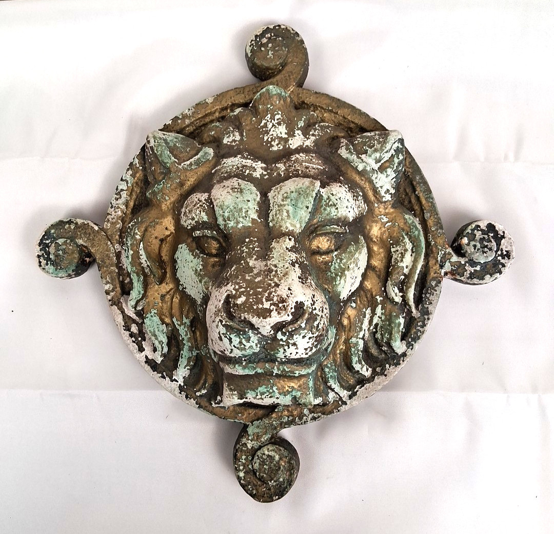 VTG Metallic Gold & Green Patina Concrete? Lion’s Head Wall Sculpture Art Decor