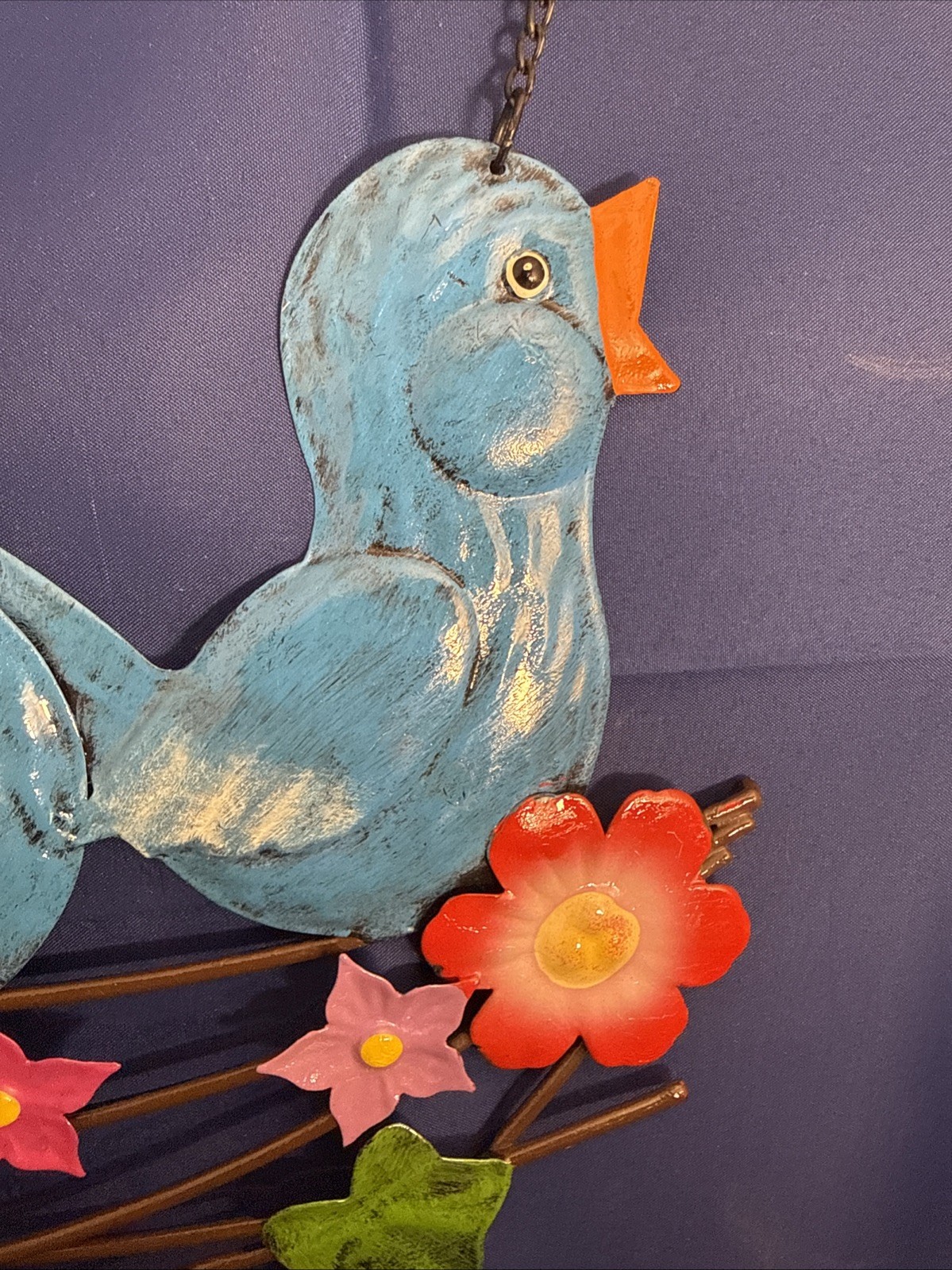 Vintage Metal Hand-Painted Welcome Bluebird Chicks Sunflower Flowers Sign