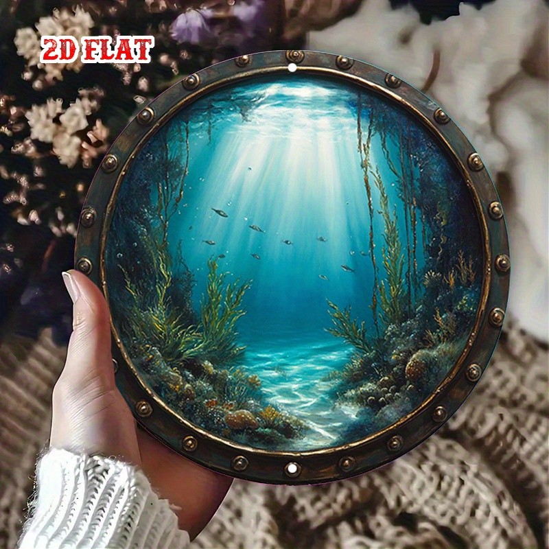 2D Flat 1 Piece Rustic Round Aluminum Tin Sign Underwater Sunlight Fish Vintage♪