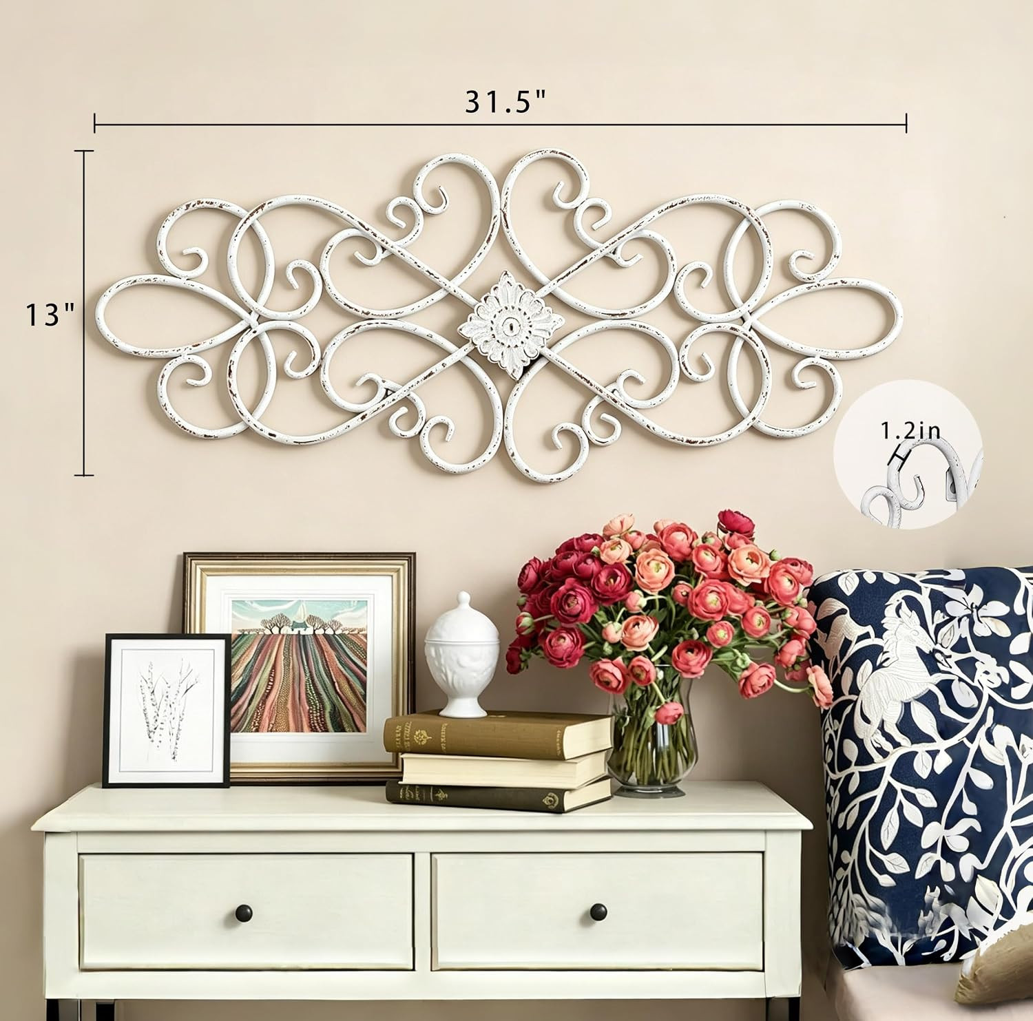White Flower Scroll Metal Wall Art Decor 32″ x 13″ | Hanging Vintage Large Flora