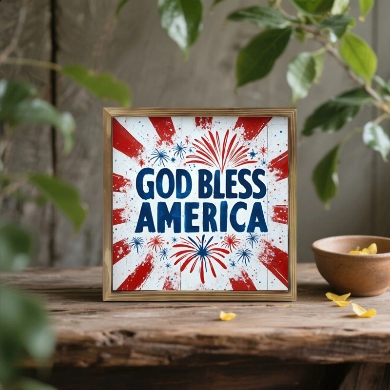 God Bless America Fireworks Wooden Plaque 4th of July Patriotic Farmhouse Decor