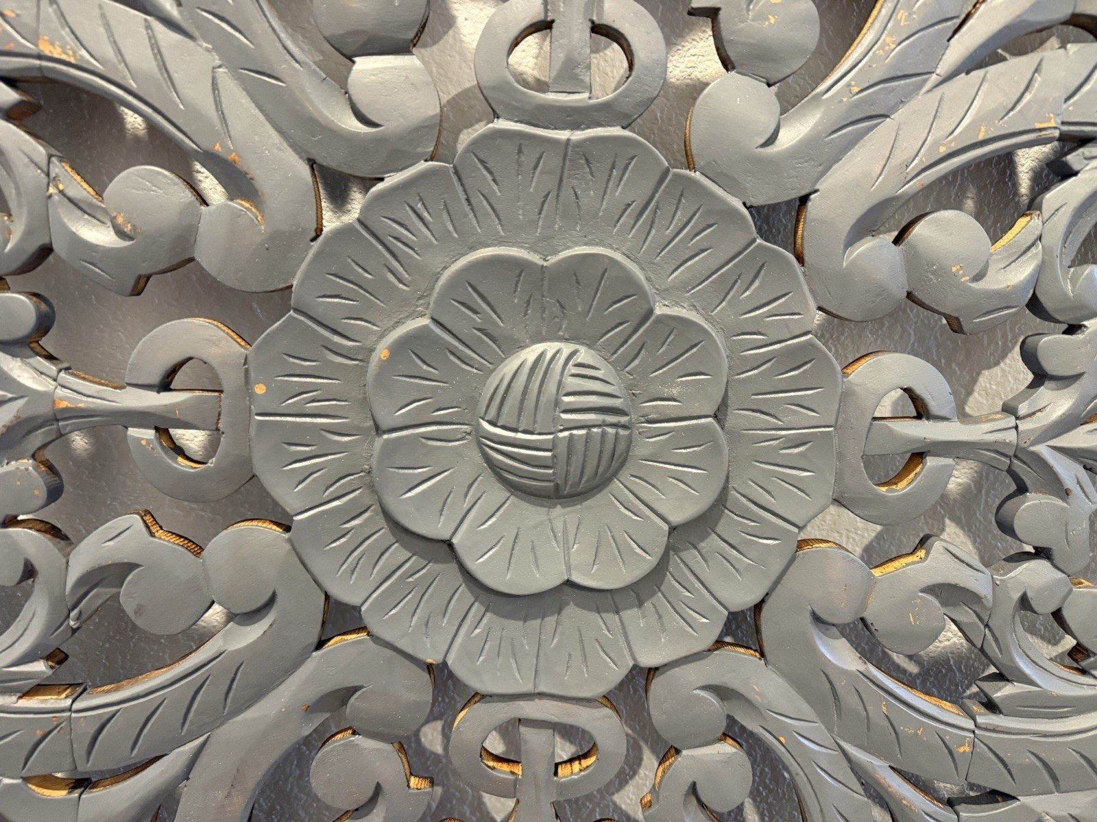 Wall Art 3 Panels Floral Mandala Latticework Design Teak Wood Handcrafted 48”