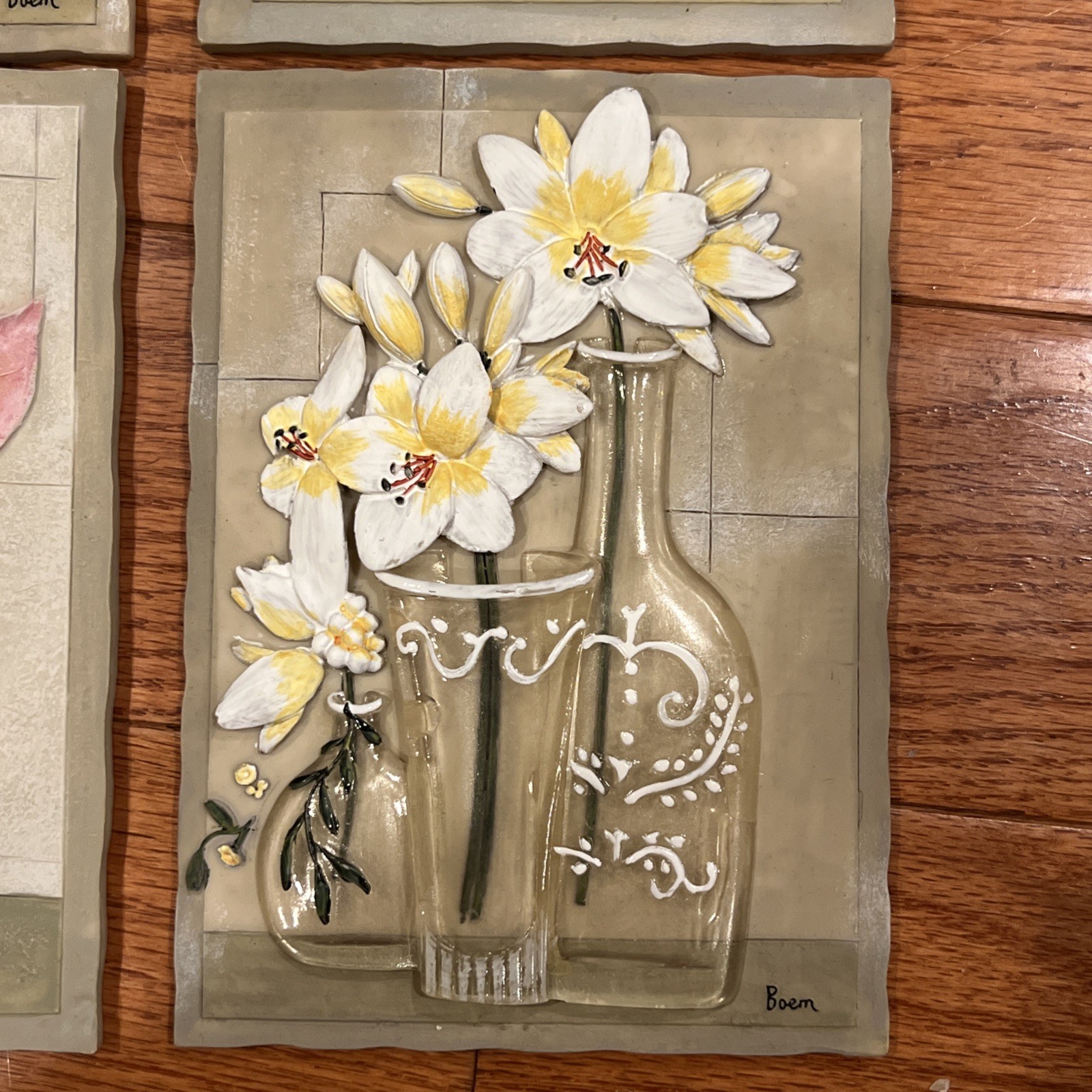 4 Vtg 3D Wall Art Tiles Raised Pink & White Flowers In Resin Vases Boem Set Lot