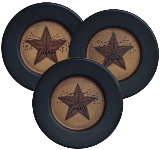NEW Primitive Folk Art PLATES 3pc FAITH FAMILY FRIENDS Rusty Star Berry Wood 6″W