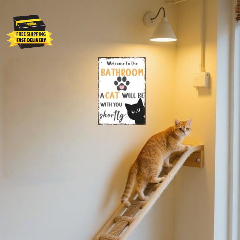Vintage Tin Metal Sign – Funny Bathroom Black and White Cat Wall Art for Bathroo