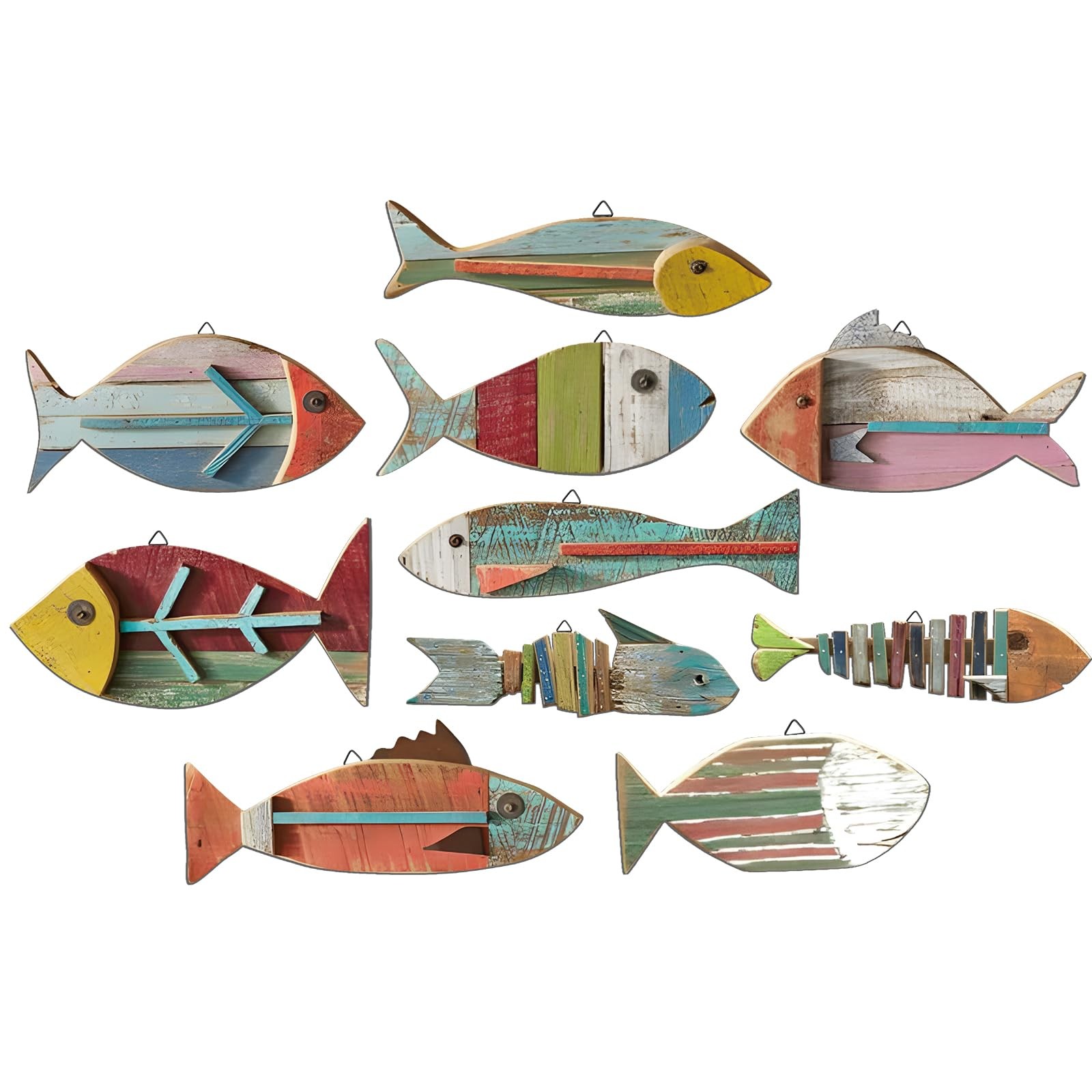 10 Pcs Wooden Fish Wall Decor Wood School of Fish Coastal Wall Decor