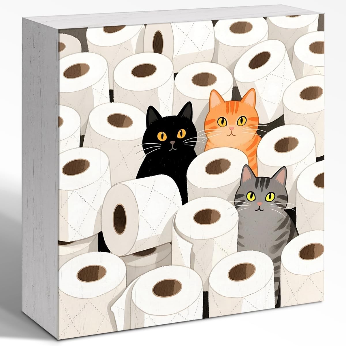 Funny Black Orange Gray Cats in Toilet Paper Rolls Bathroom Wooden Box Sign