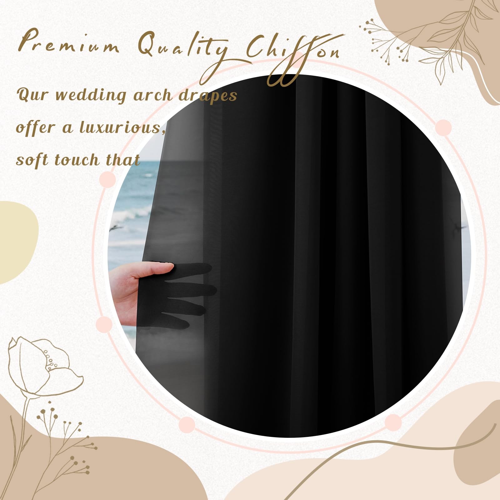 28 Inch x 19ft Black Chiffon Wedding Arch Draping Fabric Sheer Curtains 1 PC