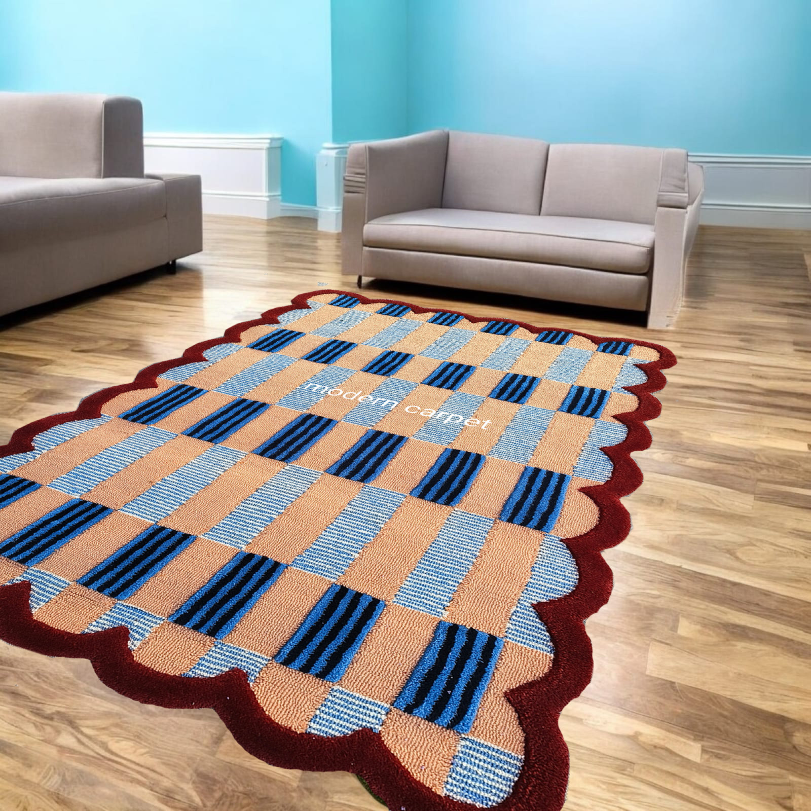 Handmade Checkered Wool Rug Blue Red | Scalloped Geometric Carpet Living Room