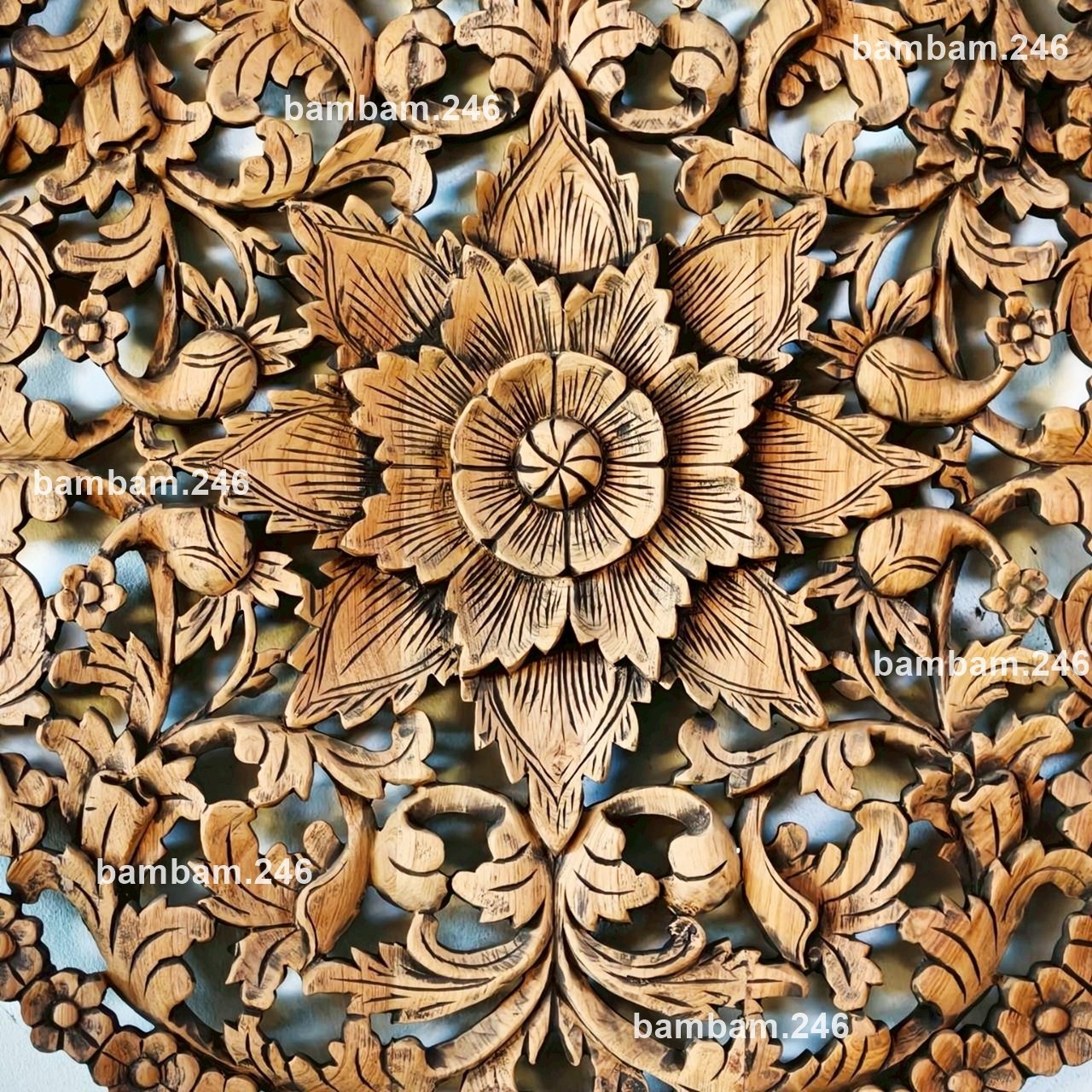 Large Round Teak Wood Wall Art 35 in Floral Flower Design Thai Carving for Livin