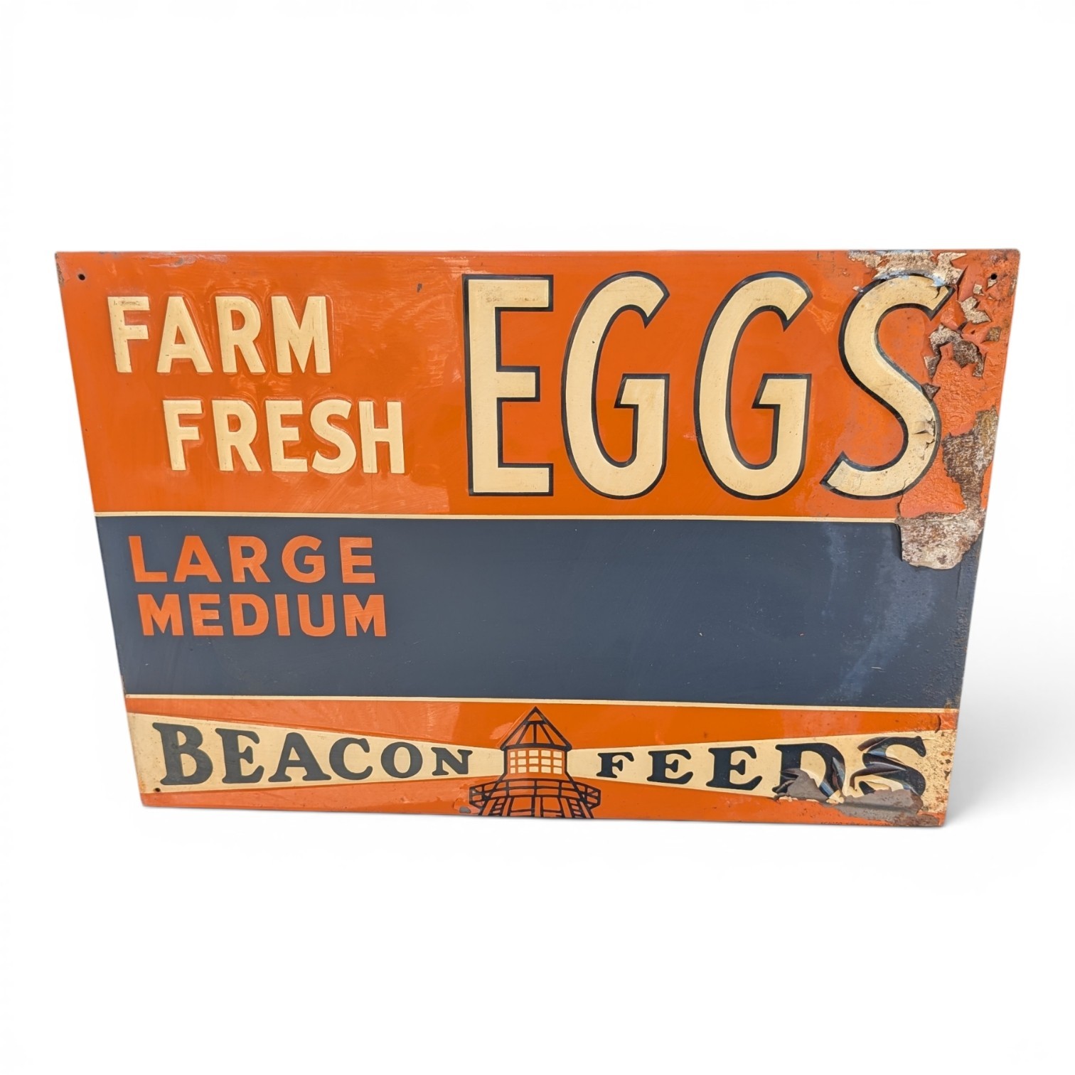 Vintage Farm Fresh Eggs Sign Beacon Feeds Metal Large Medium Size Rustic Wall