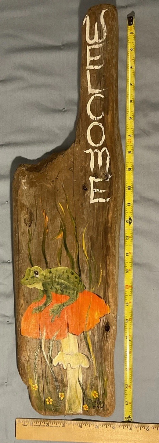 Handmade Welcome Sign Mushroom Frog Floral Driftwood Signed Decor Nature 24”x 6”
