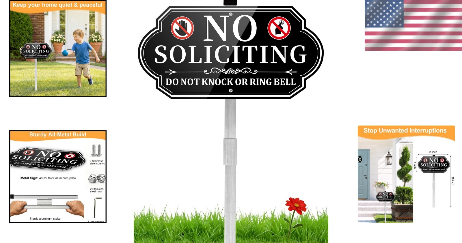 No Soliciting Sign Aluminum Metal Yard Sign 14×7 Inches with Stake Front Door…