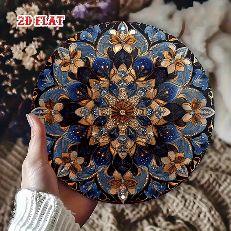 Metal Sign Intricate Mandala Floral Art Blue and Gold Bohemian Wall Art Decor