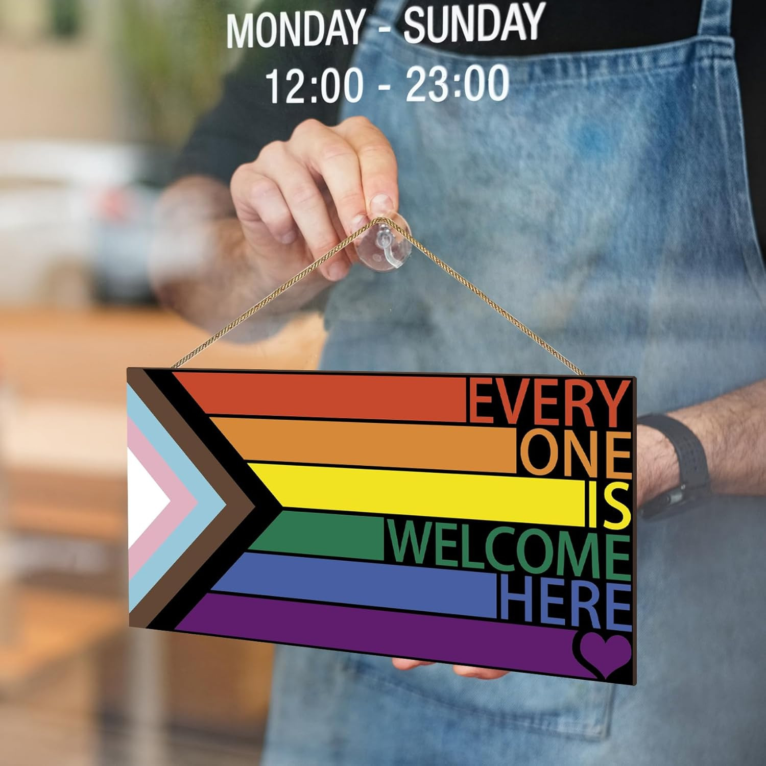 LGBT Rainbow Sign Front Door Decor, Every One Is Welcome Here Pride Flag Wooden