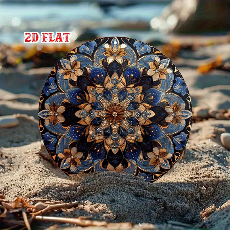 Metal Sign Intricate Mandala Floral Art Blue and Gold Bohemian Wall Art Decor