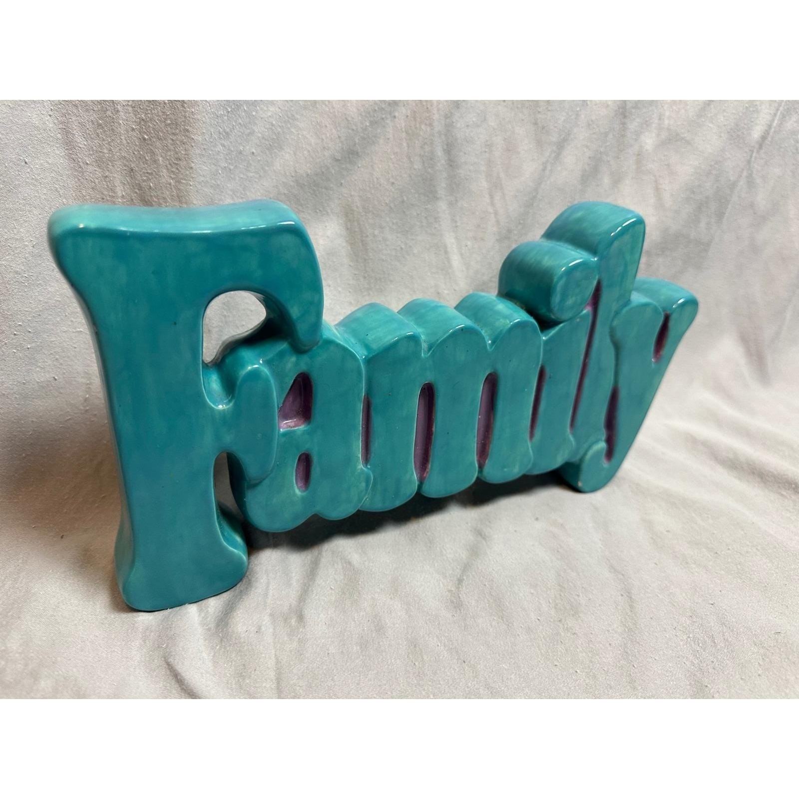 Turquoise Teal Ceramic Family Word Sign Freestanding Tabletop Decor Glossy 10in