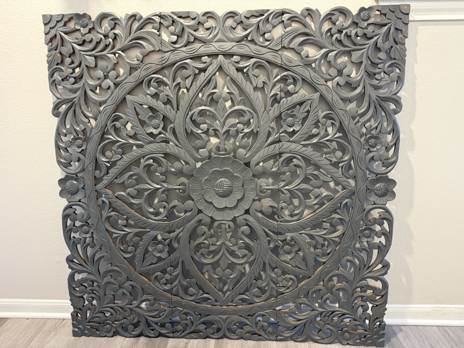 Wall Art 3 Panels Floral Mandala Latticework Design Teak Wood Handcrafted 48”