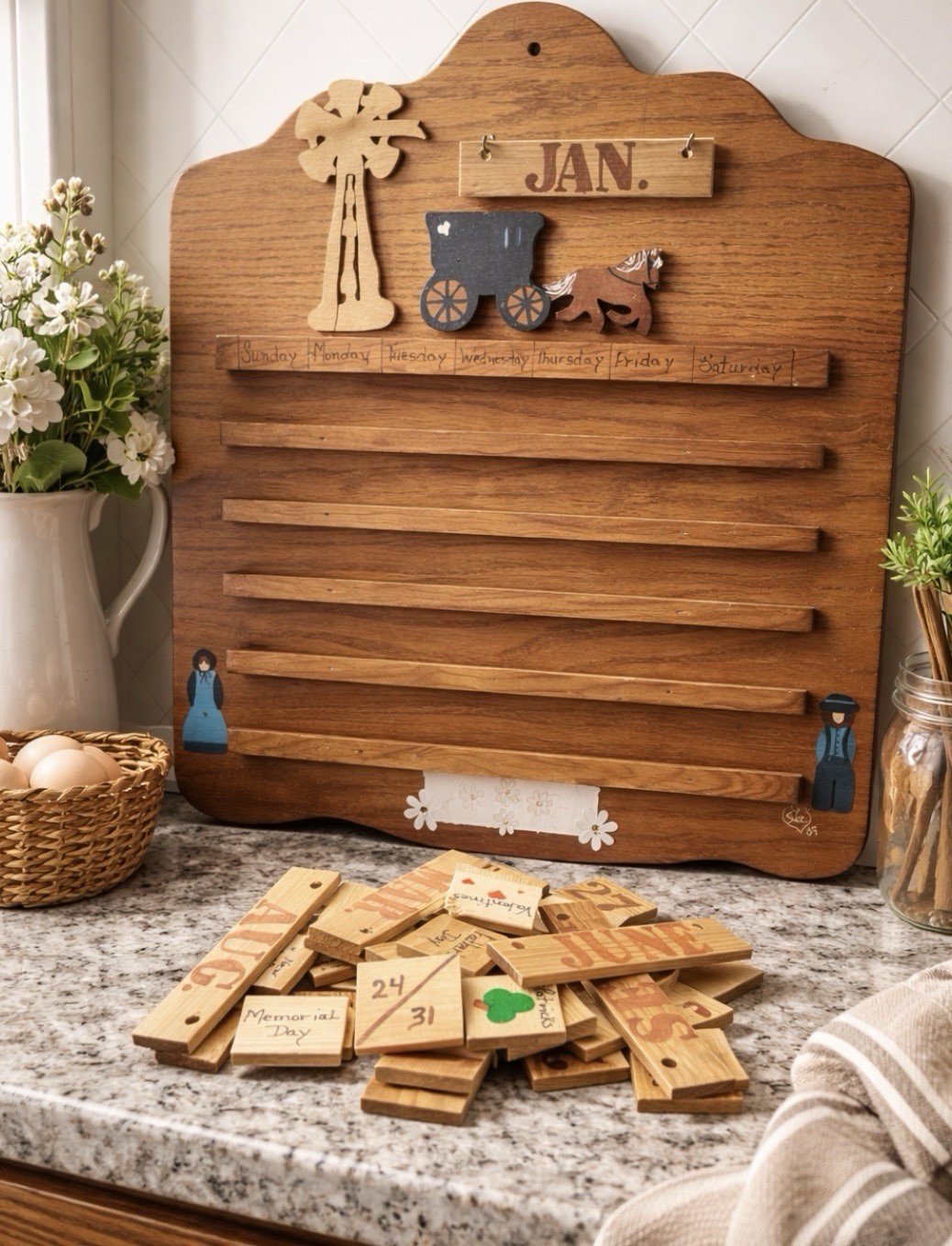 Amish Wooden Perpetual Calendar Folk Art Wall Hanging Handmade Rustic