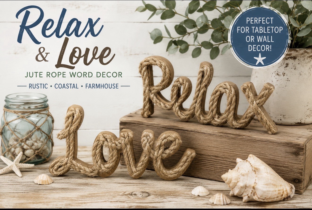 Shore Living Relax Love Jute Rope Wood Tabletop Wall Decor Rustic Farmhouse Sign