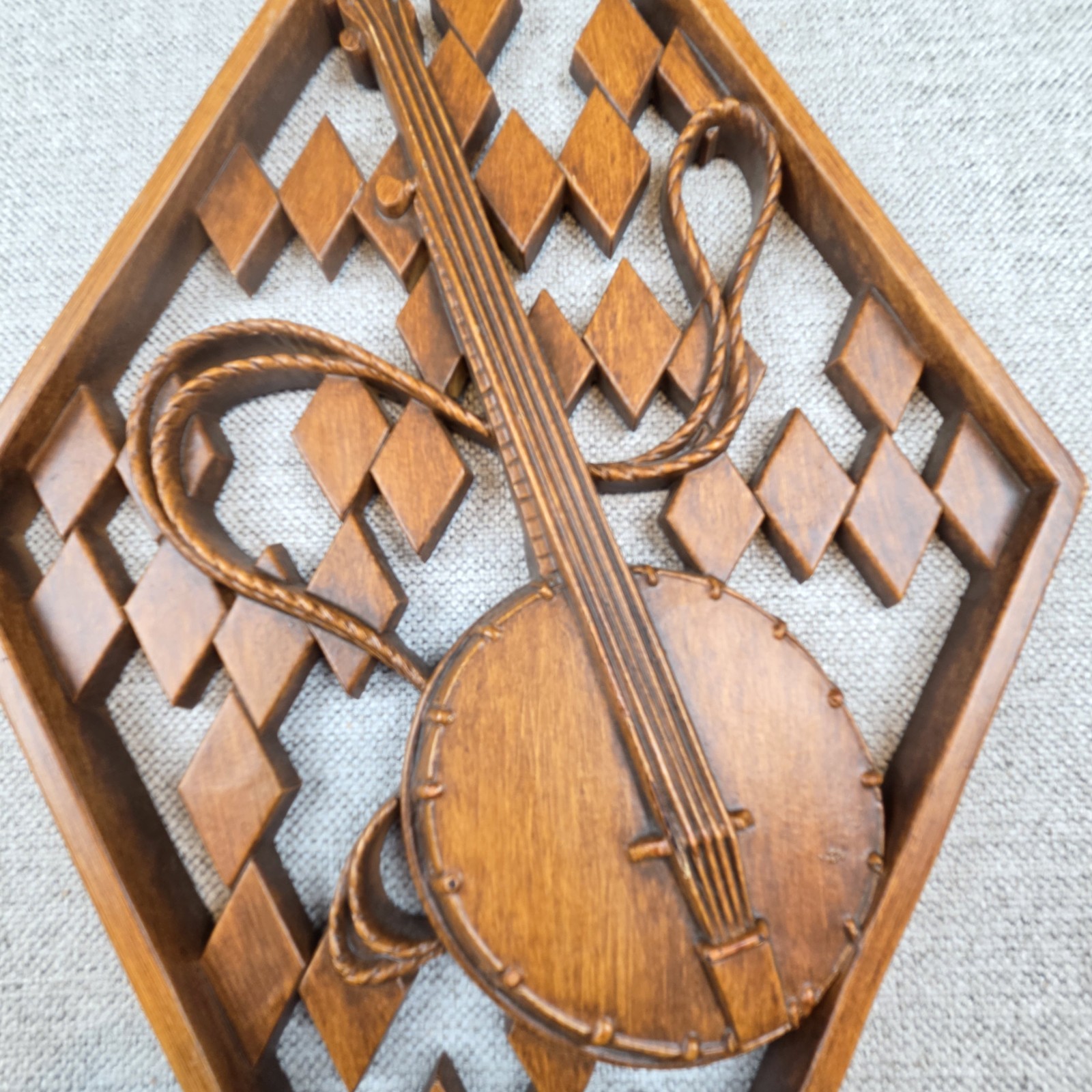 Vintage Set Of 1960s Mid Century Folk Art Musical Wall Plaques Of Violin & Banjo