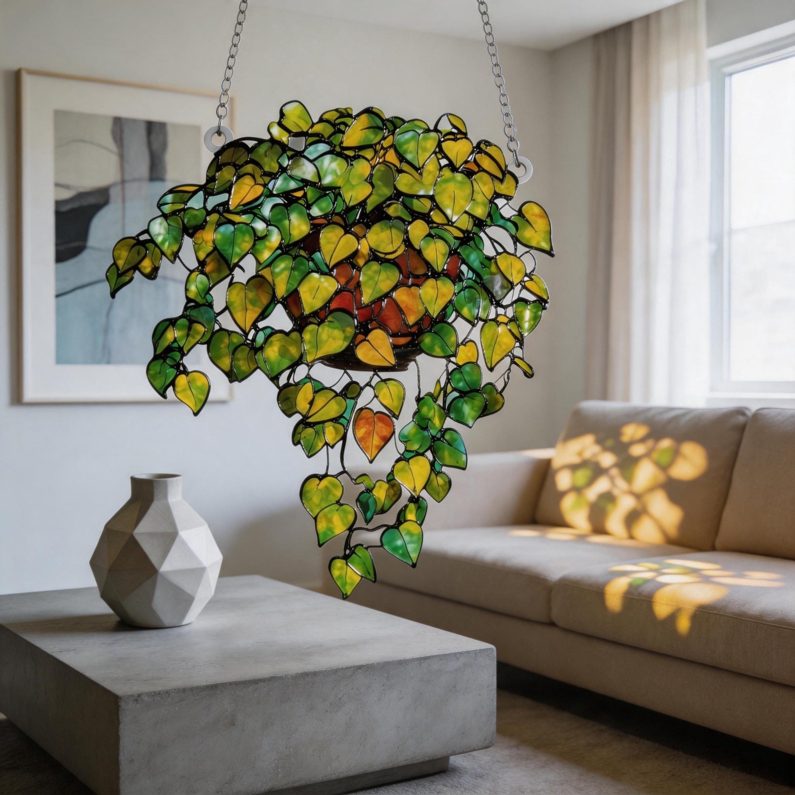 Hanging Plant Suncatcher, Green Leaf Window Decor, Ivy Plant