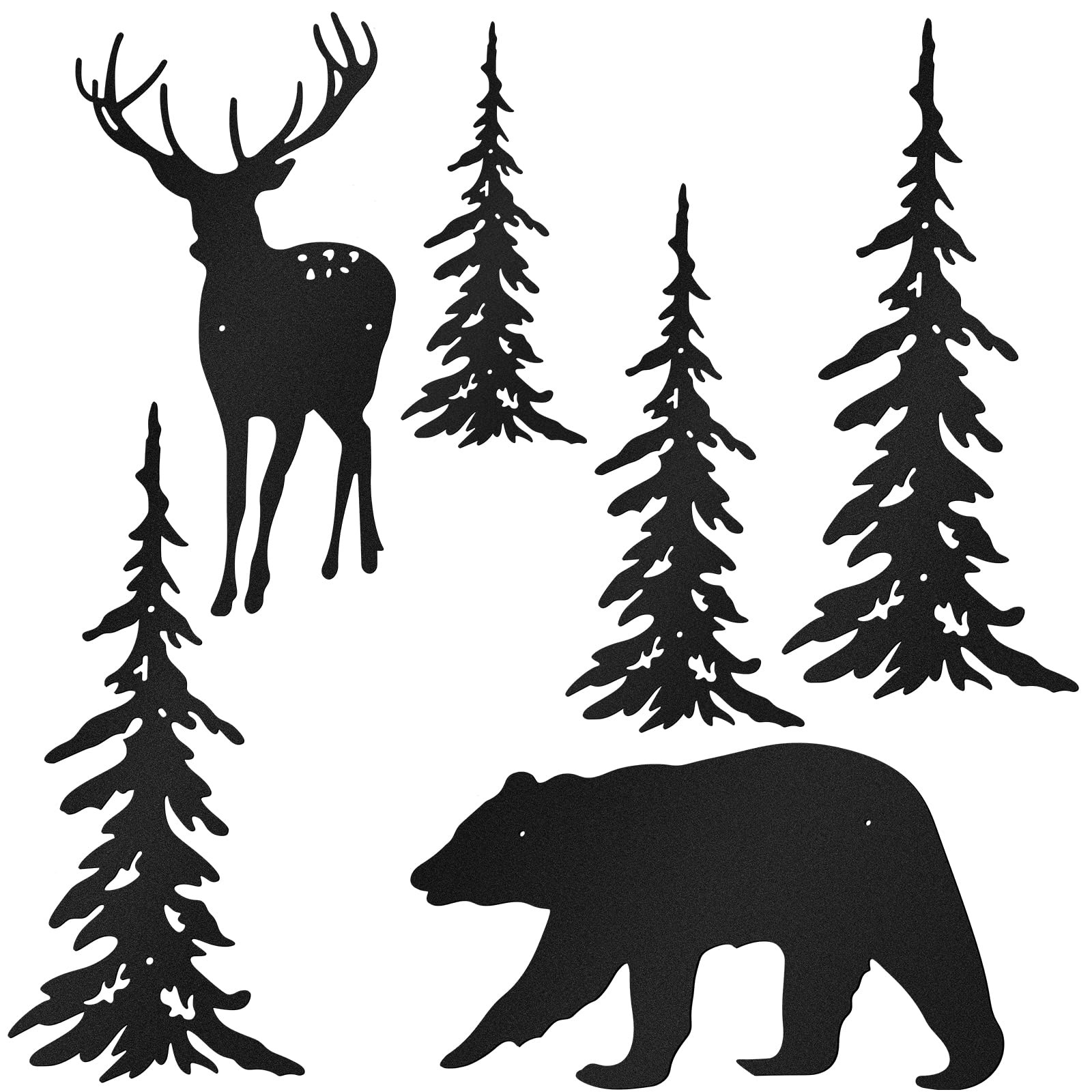 6 Pcs Metal Pine Tree Wall Art – Black Pine Tree Deer Bear Art Wall Decor for…