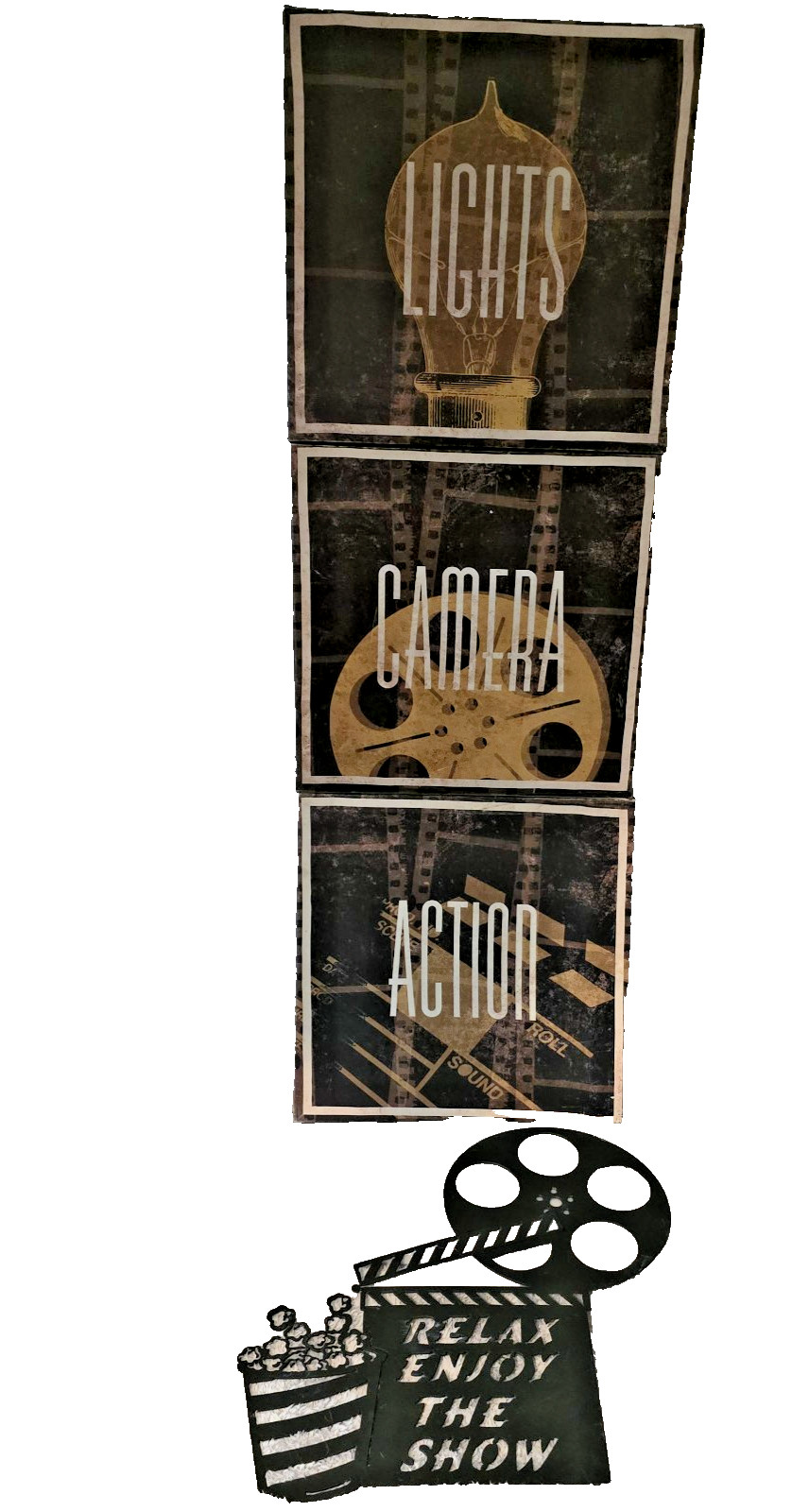 Film Reel Wall Decor with PopCorn and three Signs Light Camera Action