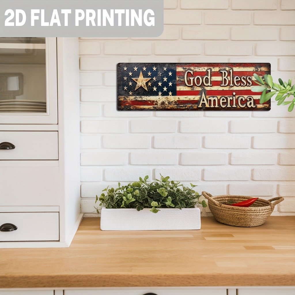Patriotic God Bless America Flag Metal Sign Rustic Farmhouse Wall Bar Decor Gift