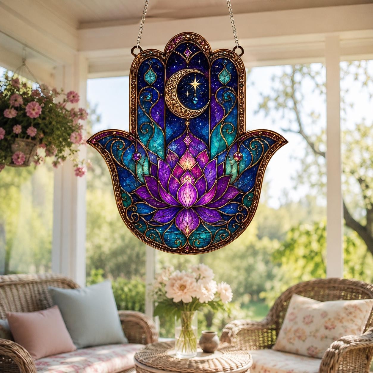 Acrylic Hamsa Hand Suncatcher, Celestial Lotus Flower Window Hanging