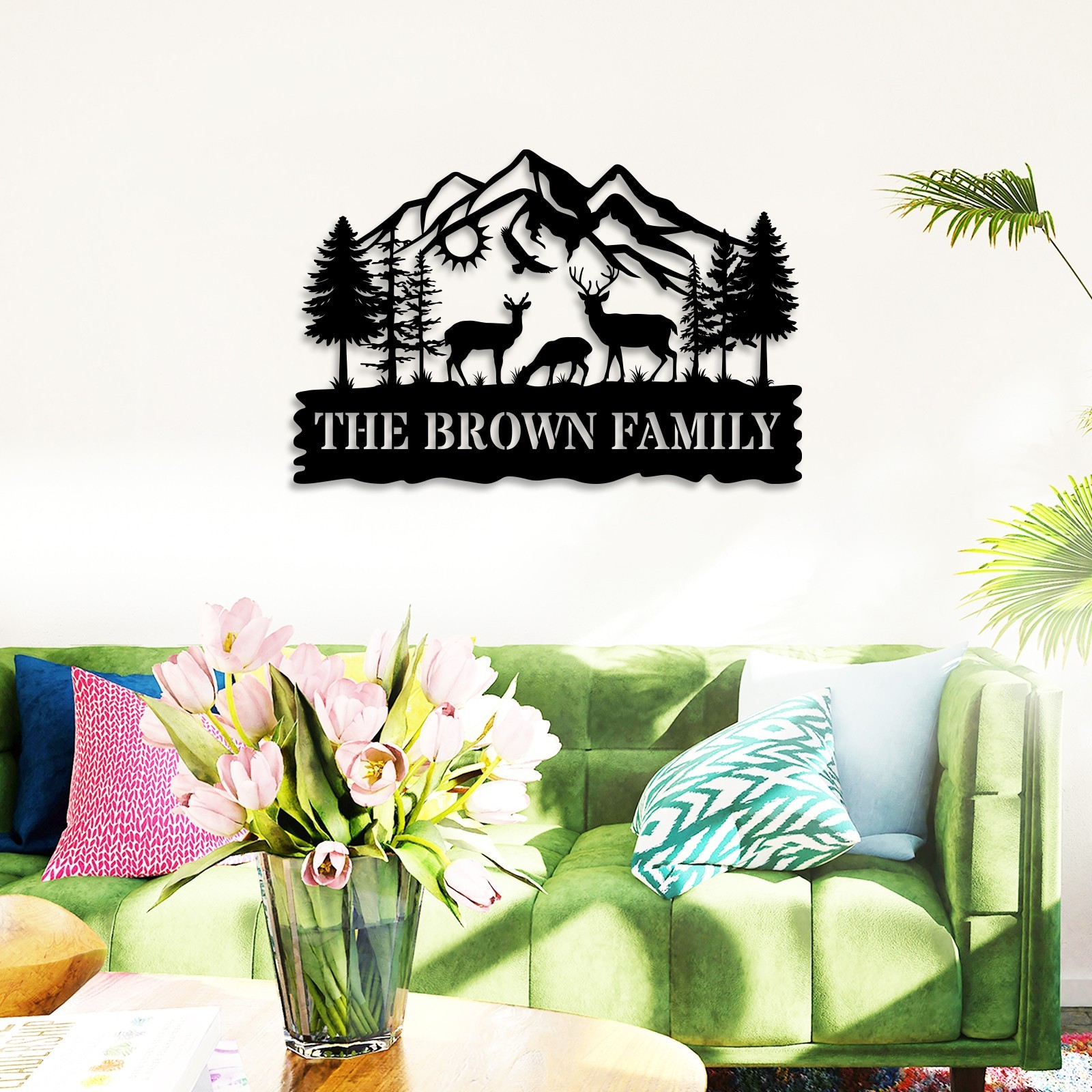 Custom Family Metal Sign, Personalized Mountain Deer Wall Art,Metal Wall Art