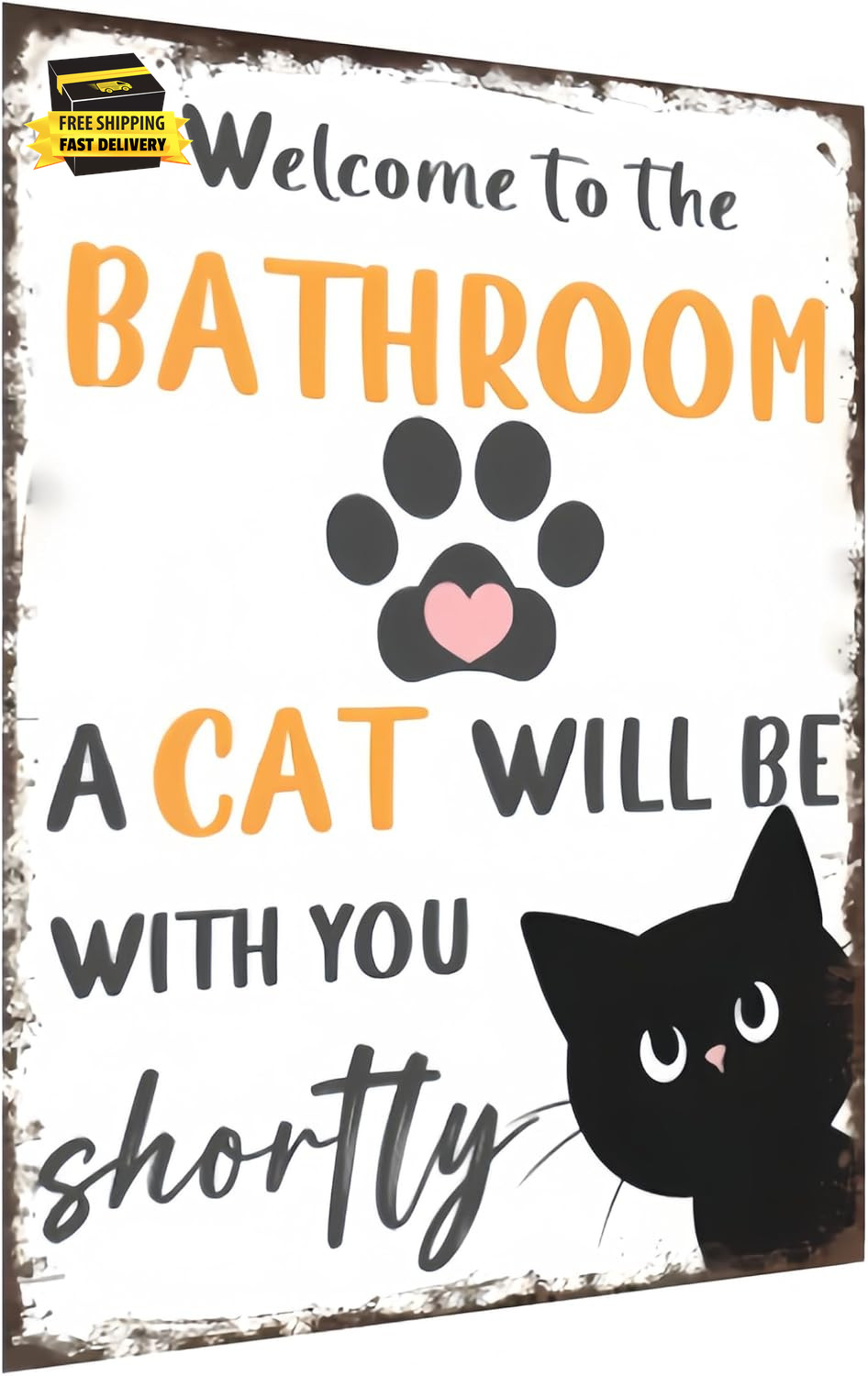 Vintage Tin Metal Sign – Funny Bathroom Black and White Cat Wall Art for Bathroo