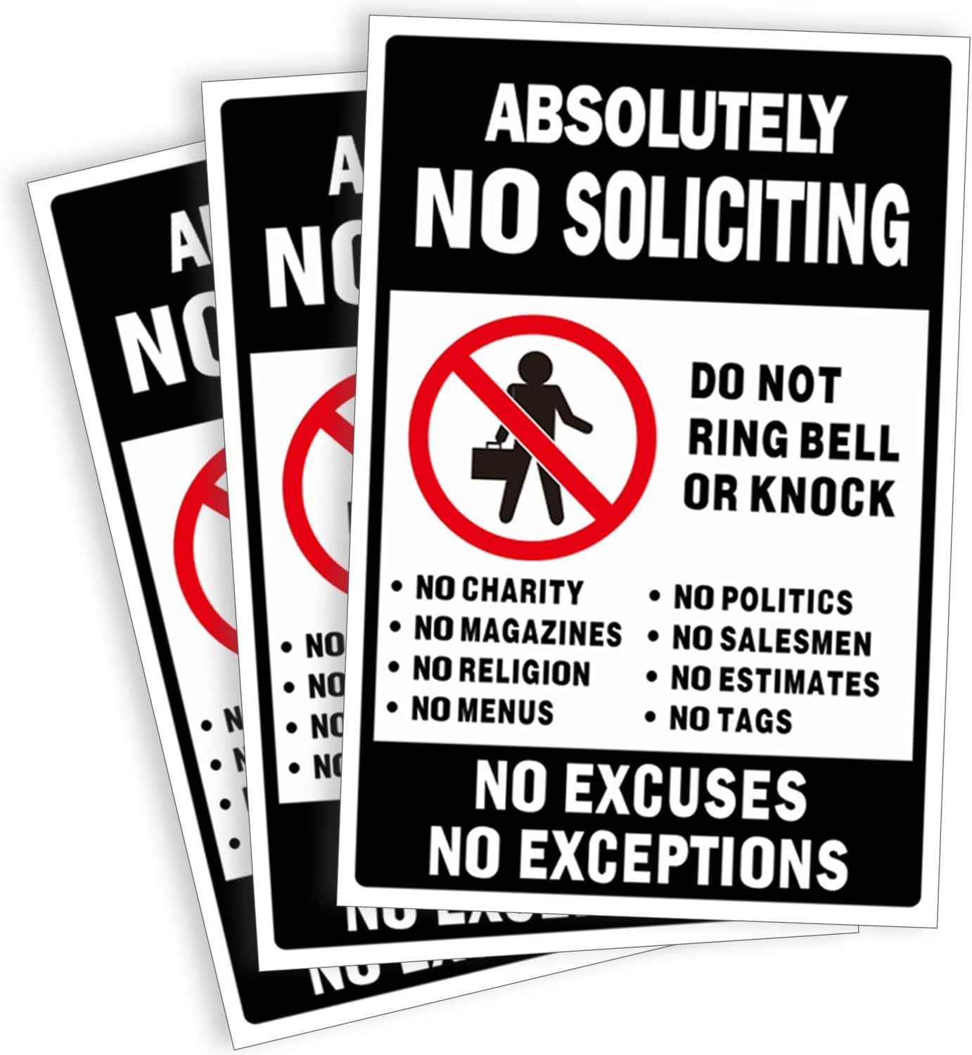 No Soliciting Sign for Front Door, 3 Pack 6X4Inch Reflective Vinyl Stickers |
