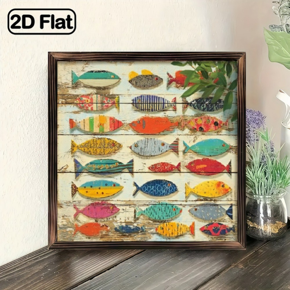 Vintage Folk Hand Painted Fish Coastal Rustic Wooden Sign Bathroom Art Decor