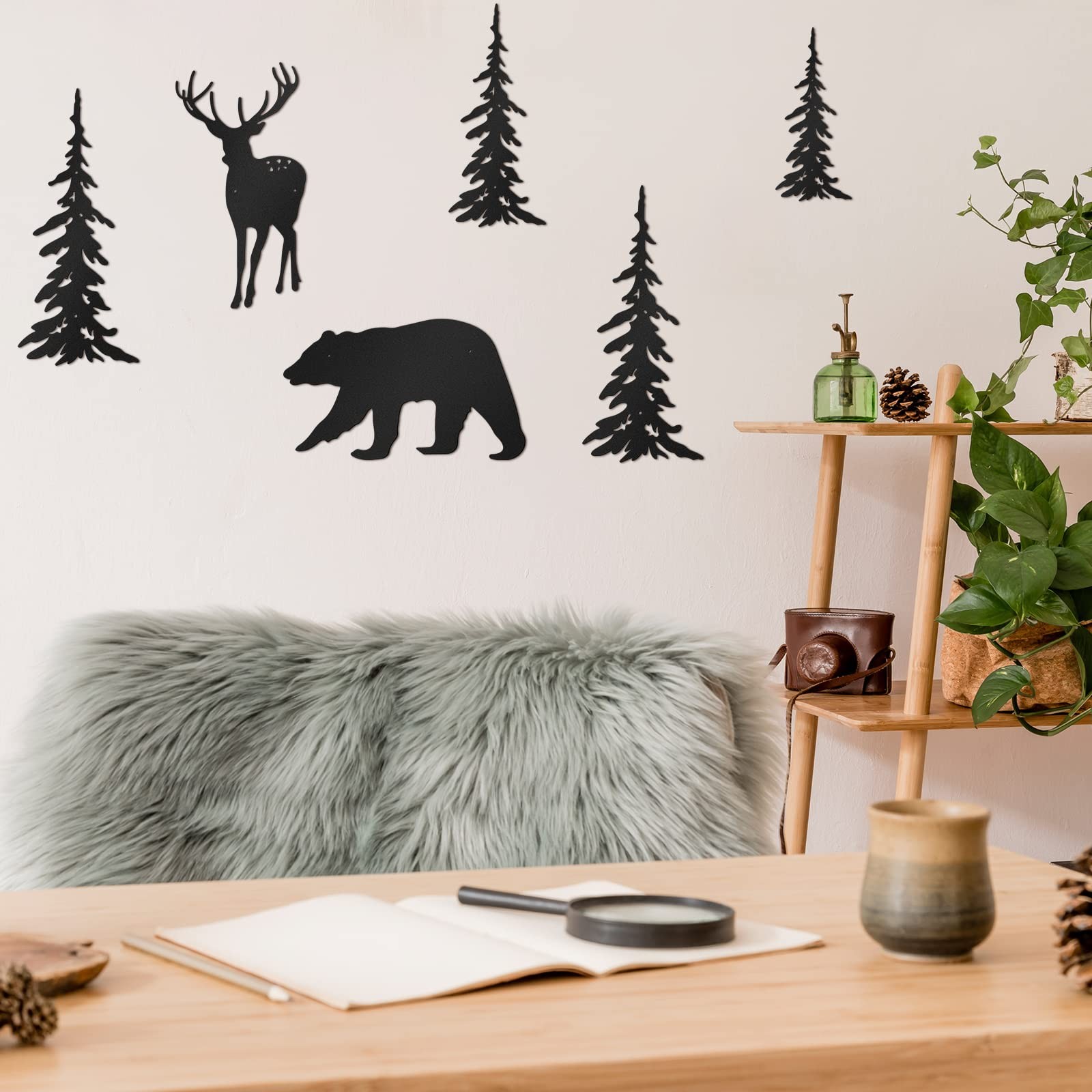 6 Pcs Metal Pine Tree Wall Art – Black Pine Tree Deer Bear Art Wall Decor for…