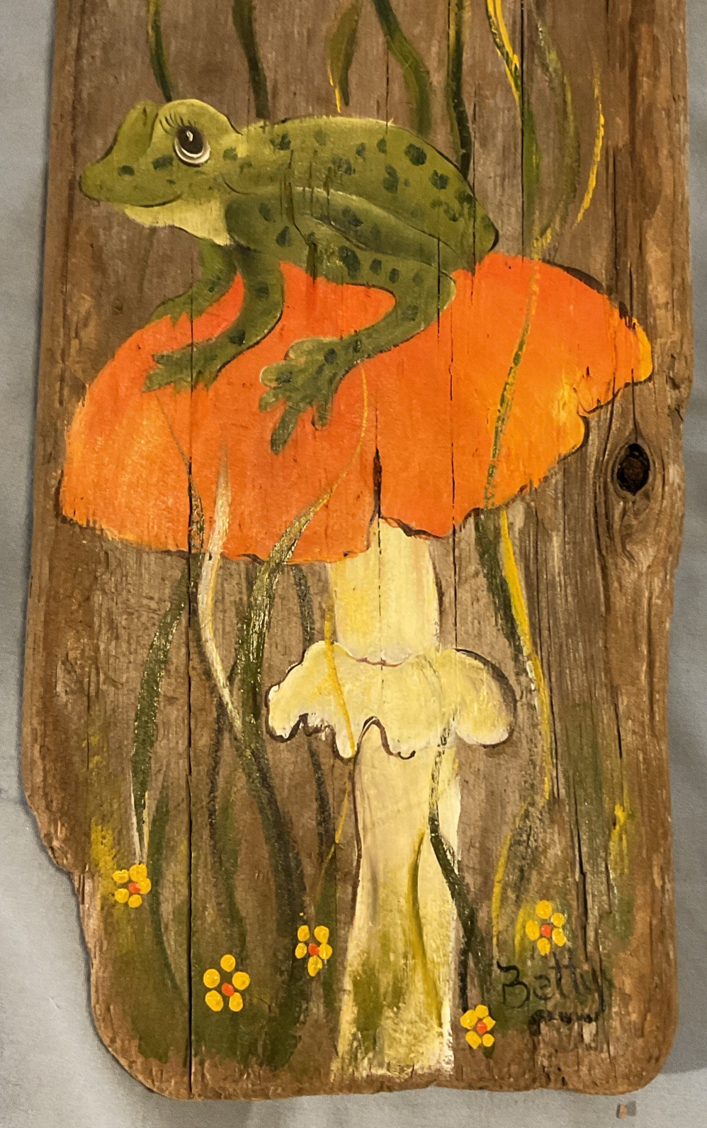 Handmade Welcome Sign Mushroom Frog Floral Driftwood Signed Decor Nature 24”x 6”