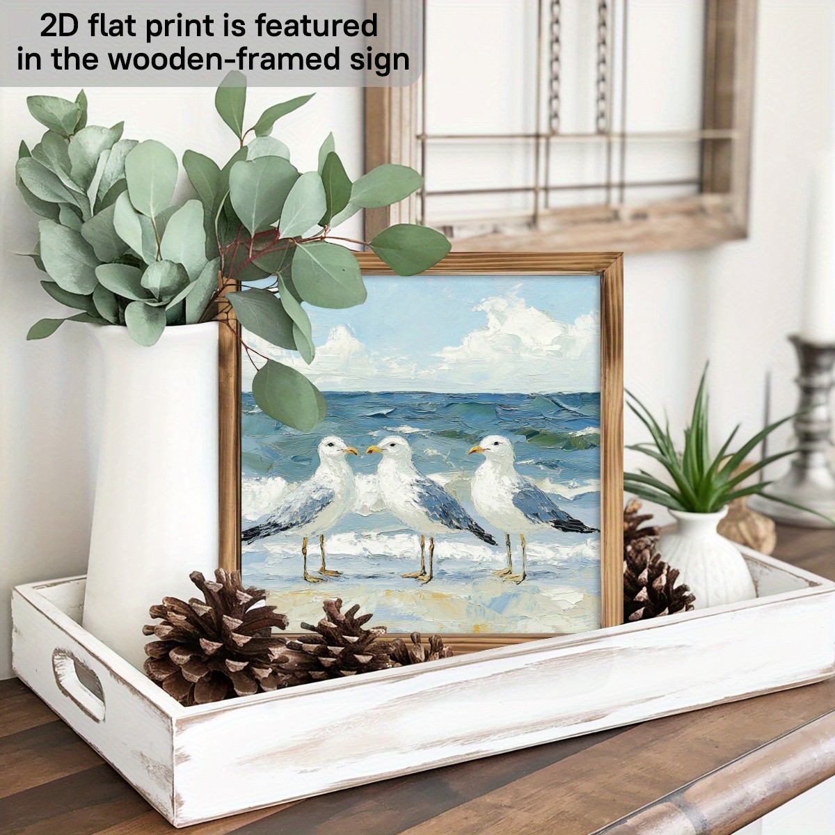 Seagulls Coastal Wooden Print Wall Art Framed Beach Theme Decor for Home & Patio