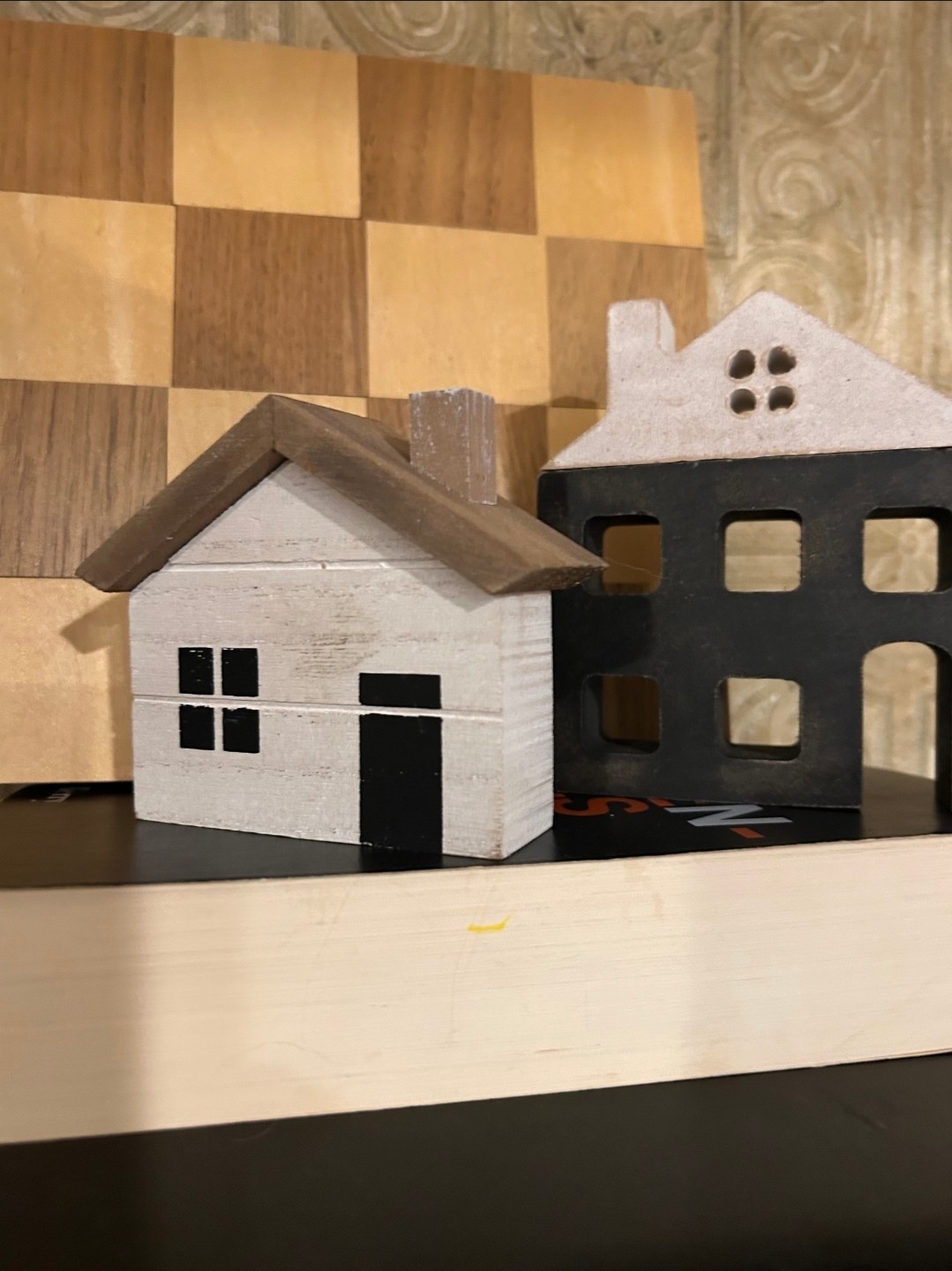 Set of 2 Black and White washed wood plank house with 3d wooden roof
