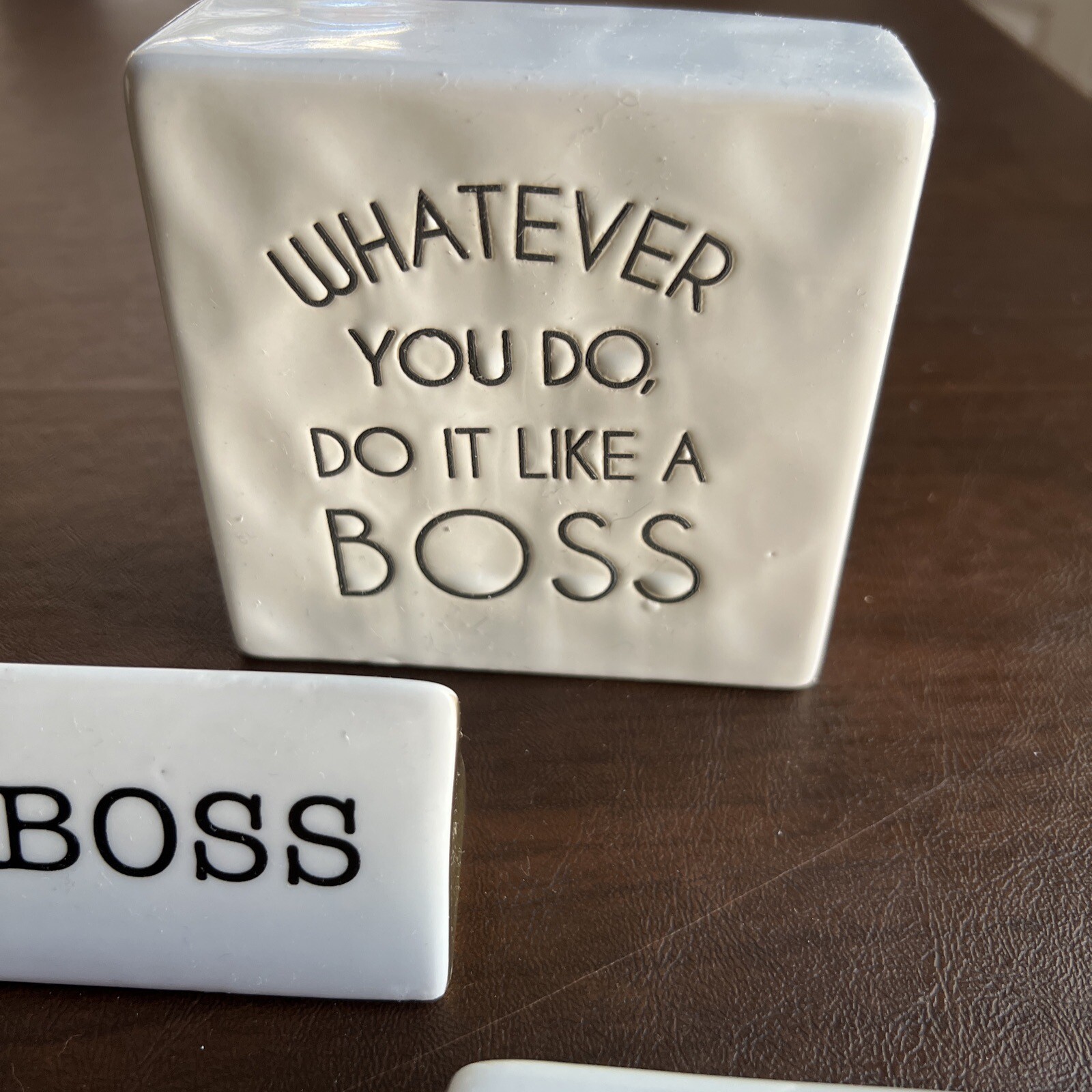 DECOR White Ceramic 3 BOSS Glossy Desk Plaques Set Of 3