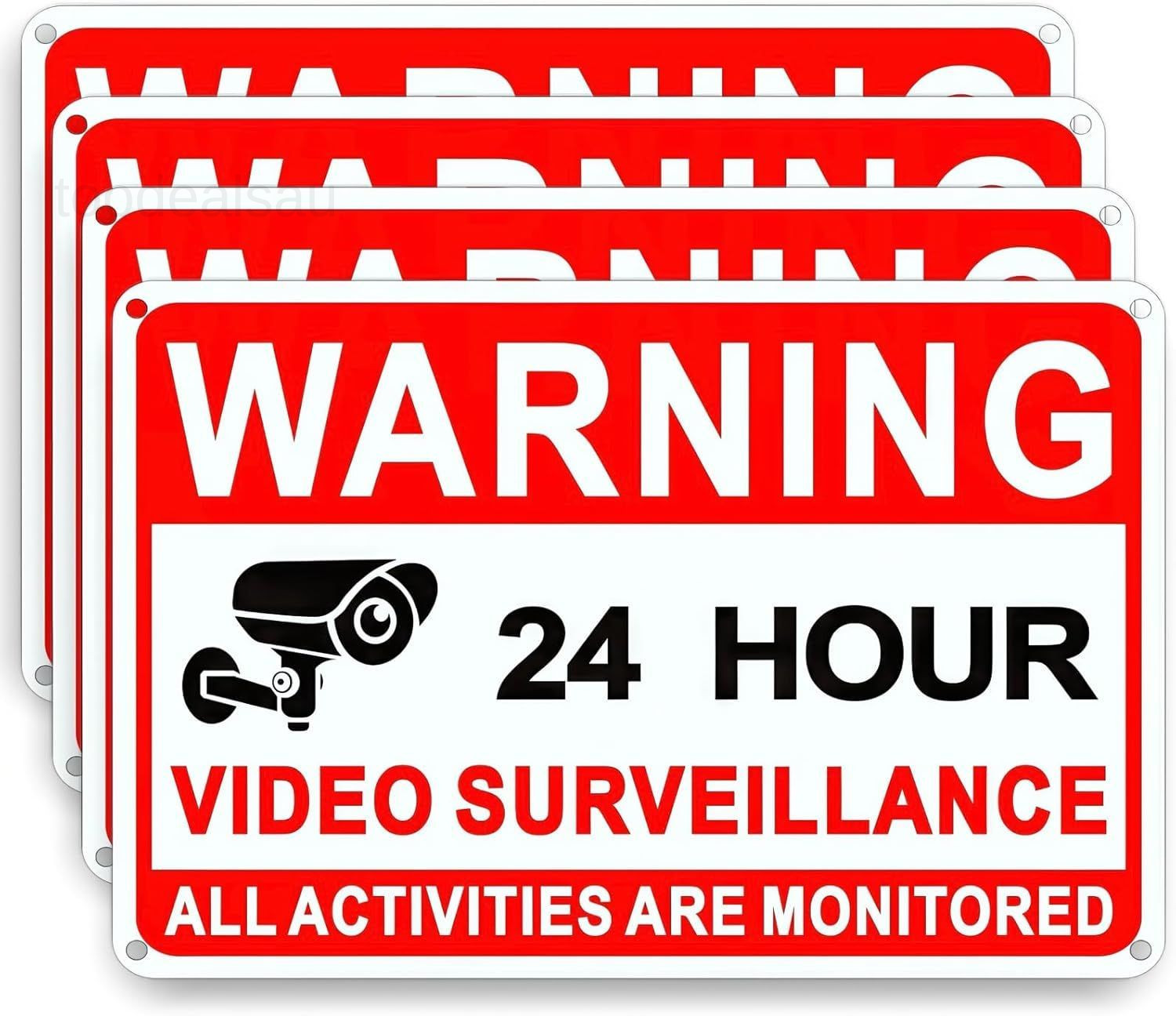 4 Pack Video Surveillance Signs, 8 x 12 Inch Aluminum 12×8 Inches, Red, White