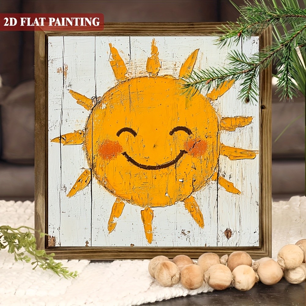 Distressed White Wood Happy Smiling Sun Square Wooden Plaque Rustic Decoration